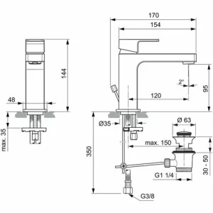 Ideal Standard Waschtischarmatur Edge, Slim, 5 L/min., Mit Ablaufgarnitur Ausld.120mm, Chrom 9